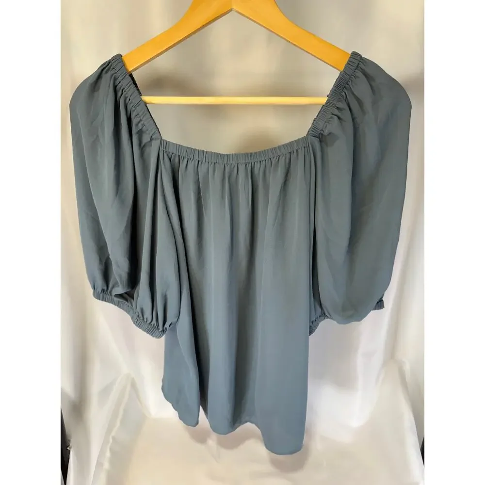 LOFT Outlet Womens Small Blue Gray Smocked Square Neck Puff Sleeve Blouse